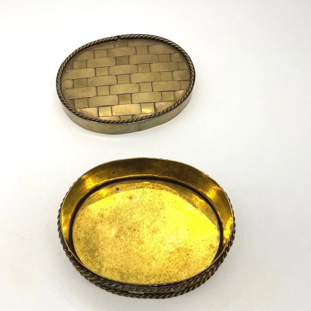 Vintage Brass‎ Woven Basket Trinket Jewelry Box Decorative Container Oval